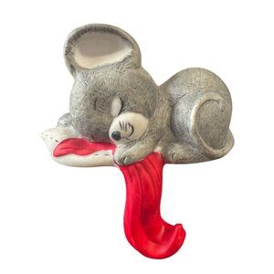 Vintage Christmas Mouse Stocking Holder Gray & Red Ceramic Taiwan 1987